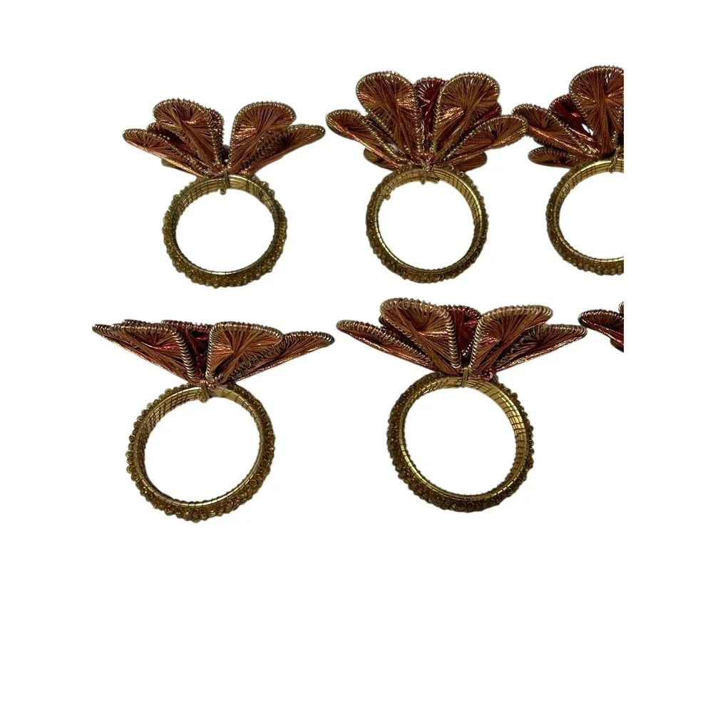 Pier 1 Wired Beaded Napkin Rings Flowers Gold and Red‎ Set of 8